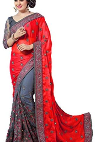 Women's Chiffon Embroidered Net Saree with Blouse Piece (Peach Pink, Grey)