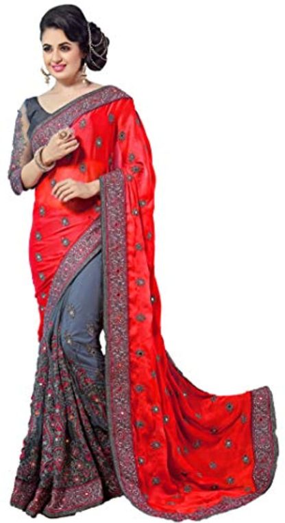 Women's Chiffon Embroidered Net Saree with Blouse Piece (Peach Pink, Grey) - Image 2
