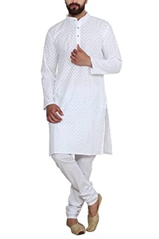 Men's Cream Pure Cotton Chicken Kurta & Churidaar Pyjama
