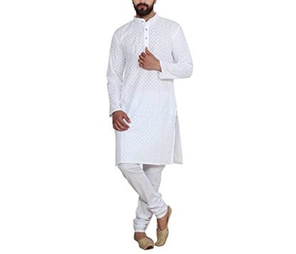 Men's Cream Pure Cotton Chicken Kurta & Churidaar Pyjama