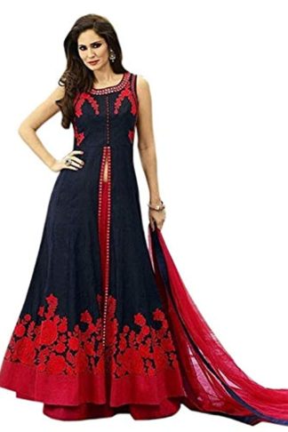 Women's Embroidered Semi Stitched Anarkali Gown (Free Size) (Blue-Red)
