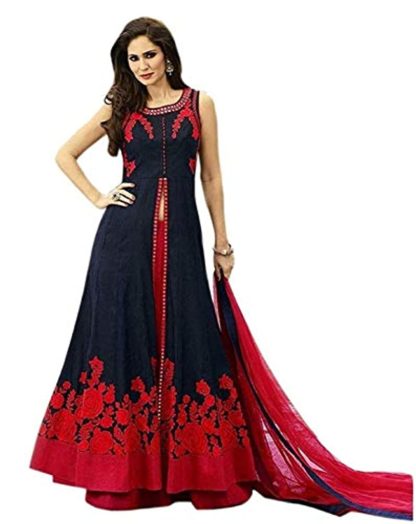 Women's Embroidered Semi Stitched Anarkali Gown (Free Size) (Blue-Red) - Image 2