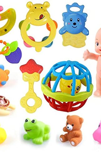 13Pcs Combo Pack of Rattles, Teethers and Chu Chu Animal Shape Bath Toys Non Toxic BPA Free Set for Infants