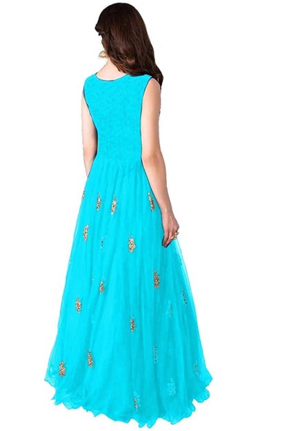 Heavy Soft Net Fabric Embroidery Work Round Neck Sleeveless Long Semi Stitched Gown For Women - Image 5