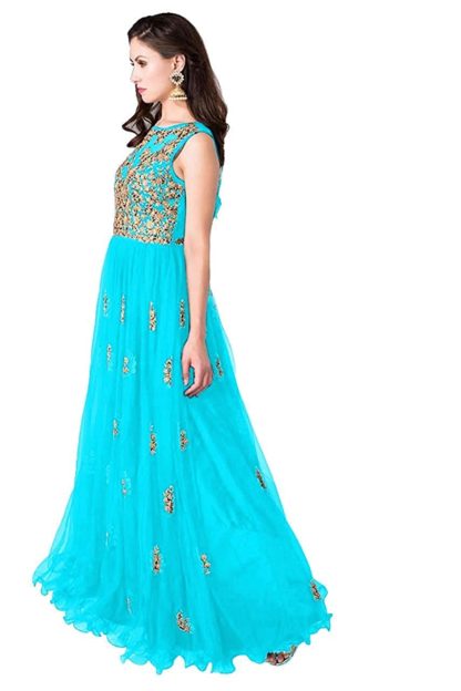 Heavy Soft Net Fabric Embroidery Work Round Neck Sleeveless Long Semi Stitched Gown For Women - Image 3