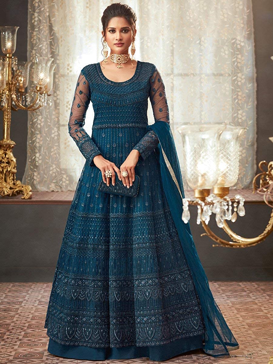 Blue Designer Embroidered Anarkali Gown - Luxury Shukra