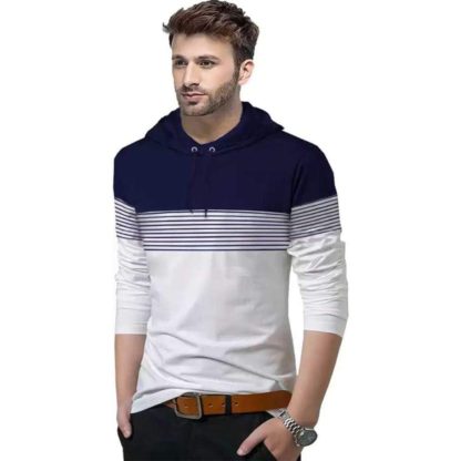 Men's Hooded Neck Dark Blue & White Full Sleeve T-Shirt - Image 3