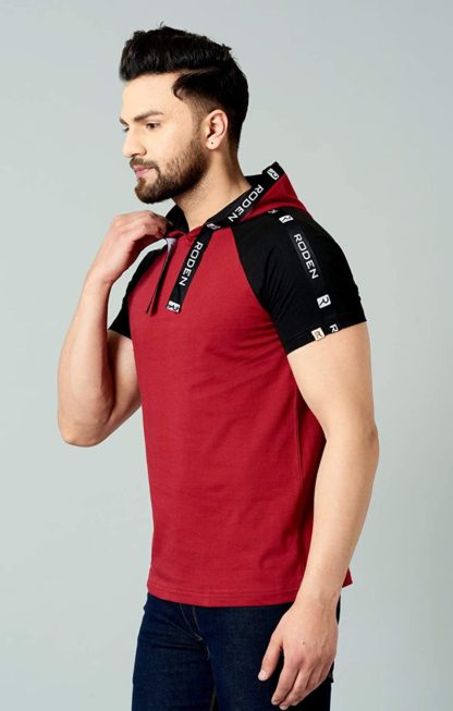 Men's Hooded Maroon Regular Fit T-shirt - Image 3