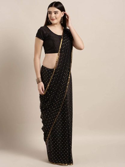 Women's Chiffon Gold Print Polka Dots Saree - Image 7