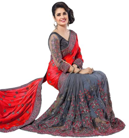 Women's Chiffon Embroidered Net Saree with Blouse Piece (Peach Pink, Grey) - Image 3