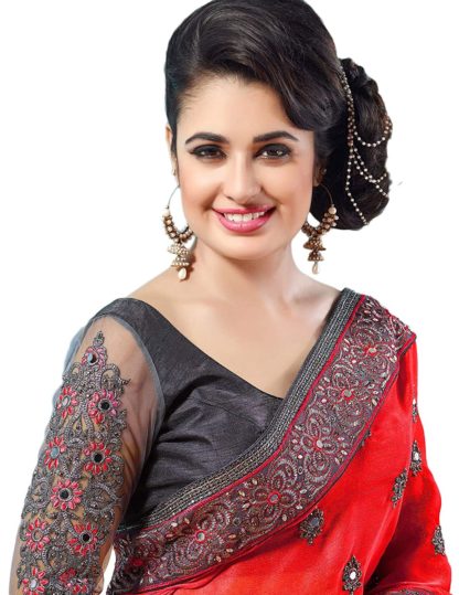 Women's Chiffon Embroidered Net Saree with Blouse Piece (Peach Pink, Grey) - Image 4