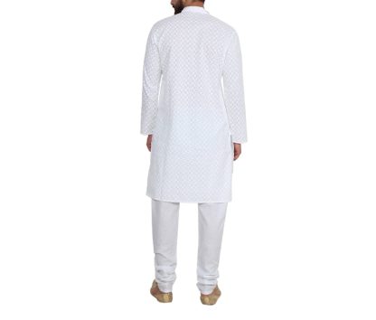 Men's Cream Pure Cotton Chicken Kurta & Churidaar Pyjama - Image 3