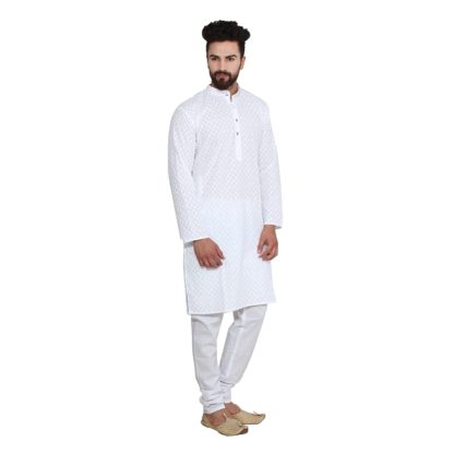 Men's Cream Pure Cotton Chicken Kurta & Churidaar Pyjama - Image 4